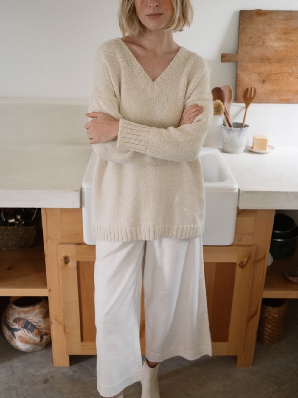Laude the Label Oversized V-Neck Sweater — Ivory; 100% Baby Alpaca Knit